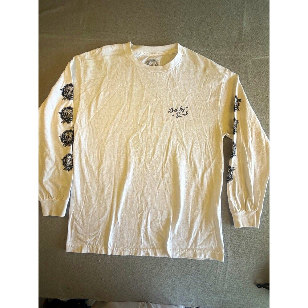Sketchy Tank Men's White Cotton Knit Skull Graphic Crew Neck Long Sleeve Tee L